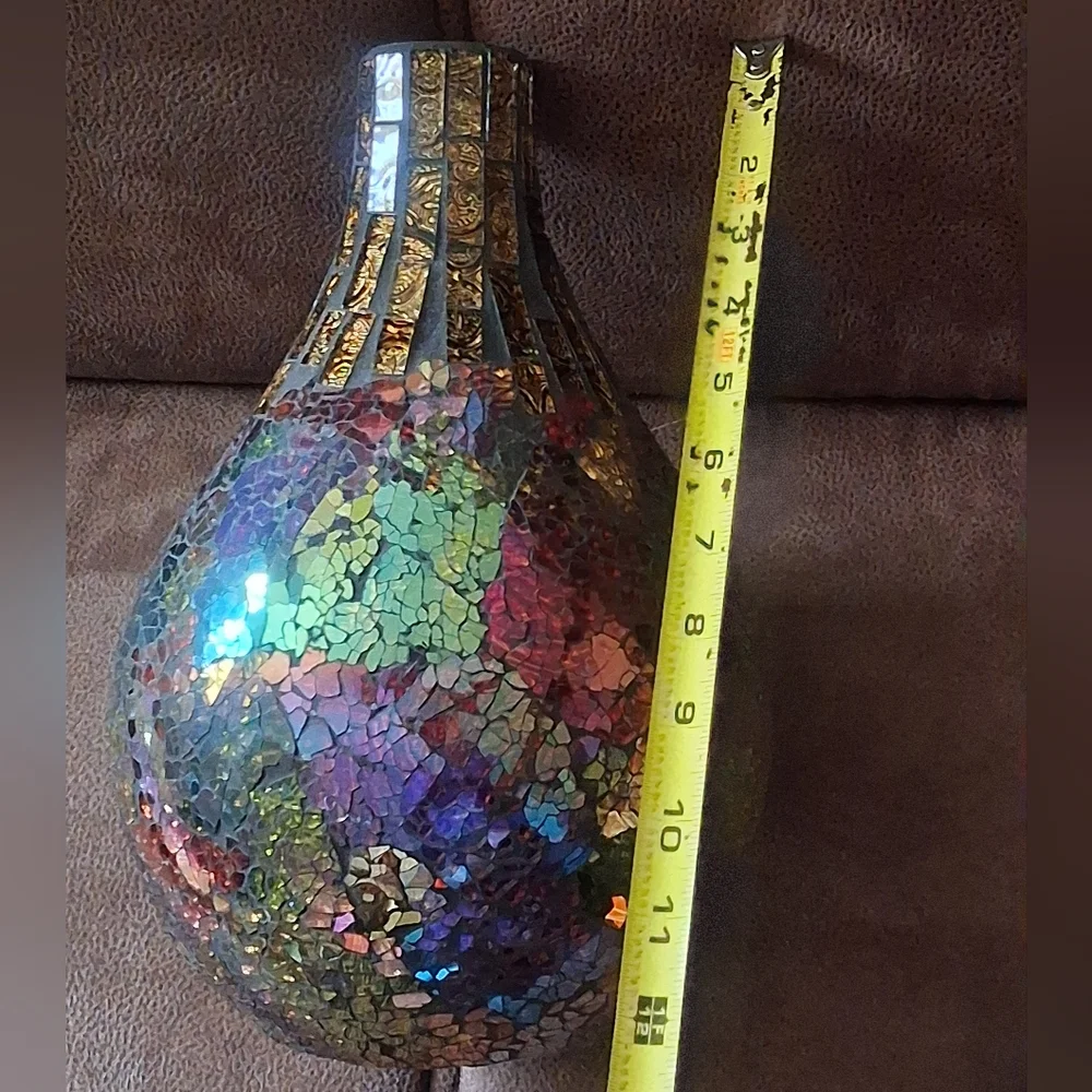 Iridescent Aurora Borealis Mosaic Vase Burgundy, Gold, Blue, Purple